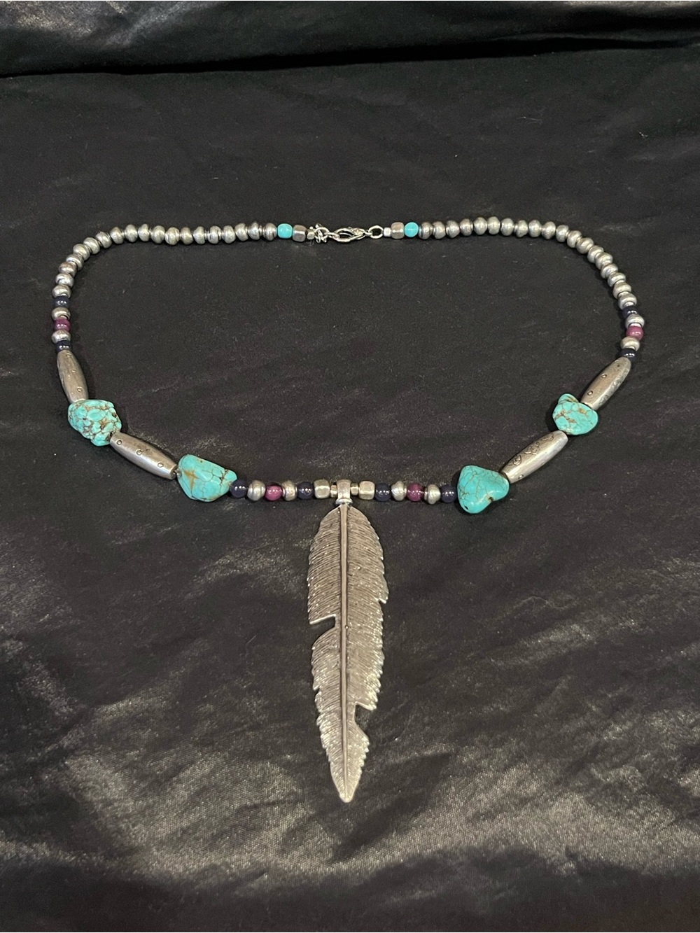 Lucky Brand Boho Turquoise Bead Feather Pendant Necklace Silver Tone